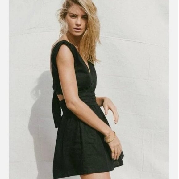 SIR the Label Patti 100% Linen Mini Dress Black Sleeveless Deep V Size Small - Picture 1 of 8